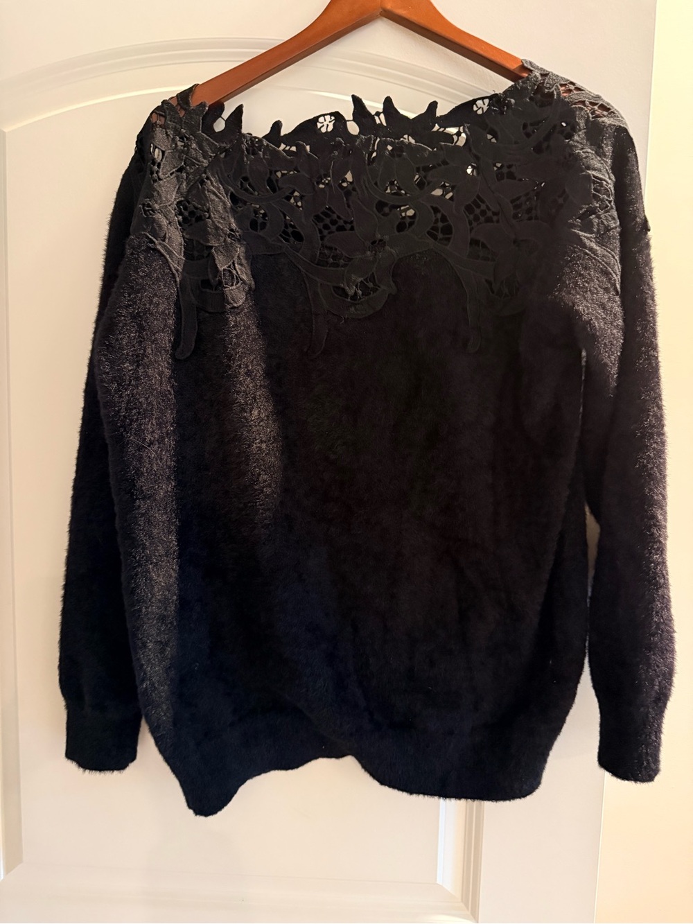 Black Lace-Detail Women's Fuzzy Oversized Sweater